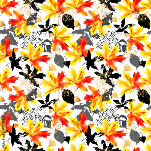 Autumn leaves watercolor seamless pattern.
