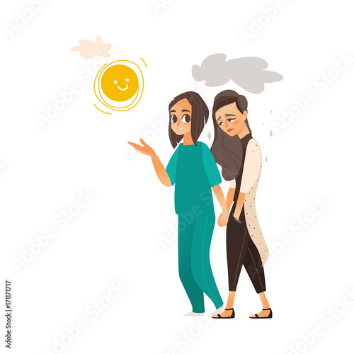 vector flat cartoon doctor showing sun to woman suffering from depression. Unhappy female character with rainy clouds above her. Isolated illustration on a white background. Mental illness concept