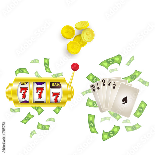 vector flat cartoon lucky triple seven Jackpot golden slot mashine, royal flush spades with dollar rain around, casino chips set. Isolated illustration on a white background. Sign of profit easy money