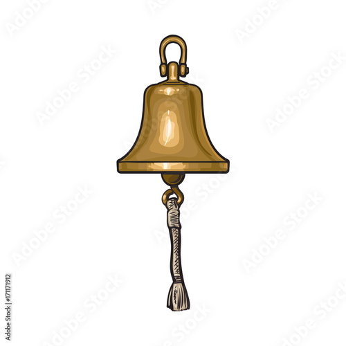 Antique brass, copper ship bell with rope, cartoon vector illustration isolated on white background. Cartoon hand drawn illustration of shiny antique brass ship bell