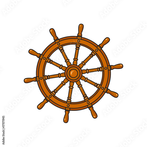 Ship, sailboat steering wheel, cartoon vector illustration isolated on white background. Cartoon vector illustration of traditional wooden ship, sailboat steering wheel