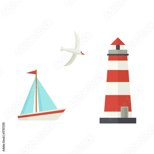 Nautical, marine set - sailboat, lighthouse and flying seagull, flat cartoon vector illustration isolated on white background. Nautical elements - sailboat, ship, lighthouse, seagull