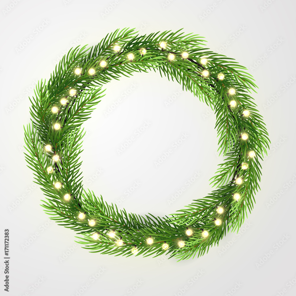 Green wreath with lights and christmas tree branches. Vector template, space for text. Green wreath with lights and christmas tree branches. Vector template, space for text.