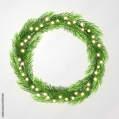 Green wreath with lights and christmas tree branches. Vector template, space for text.