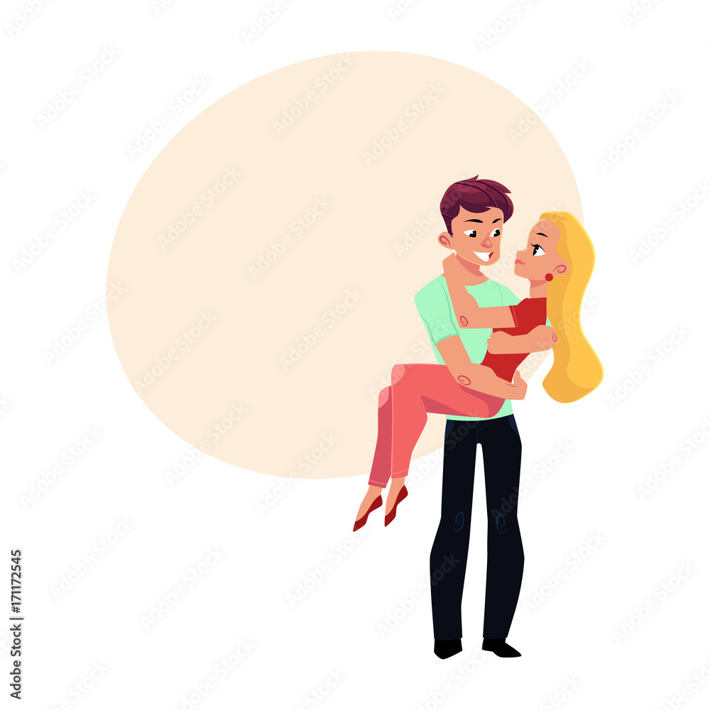 Happy loving couple, boyfriend, man holding, carrying his girlfriend in  arms, cartoon vector illustration with space for text. Full length portrait  of loving, hugging couple Stock Vector | Adobe Stock