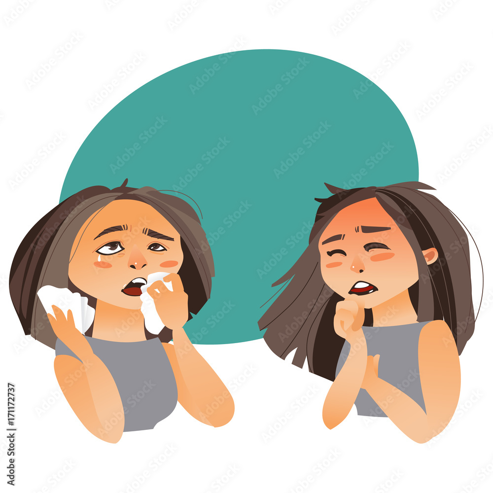 Woman having flu symptoms cough and runny nose, cartoon vector