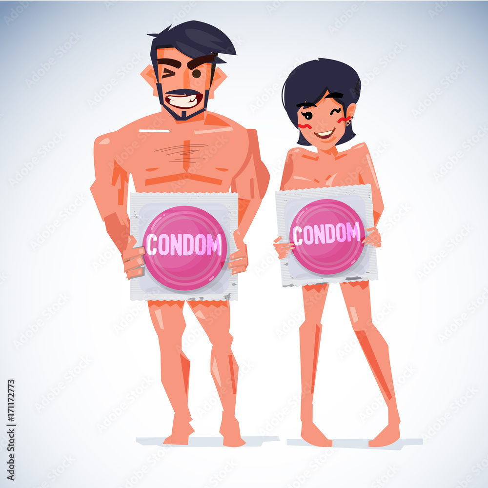 naked man and woman holding big condom in package