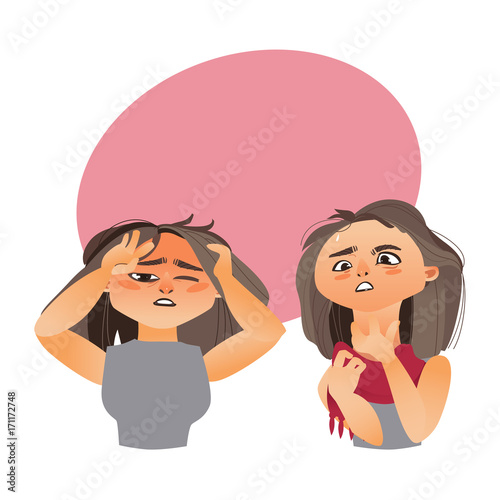 Woman having flu symptoms - headache and sore throat, cartoon vector illustration isolated on white background with speech bubble