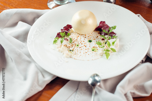 Close-up of a delicious molecular gastronomy dessert photo