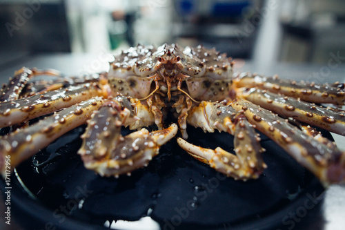 Taraba sea crabs or alaska king crab on black plate photo