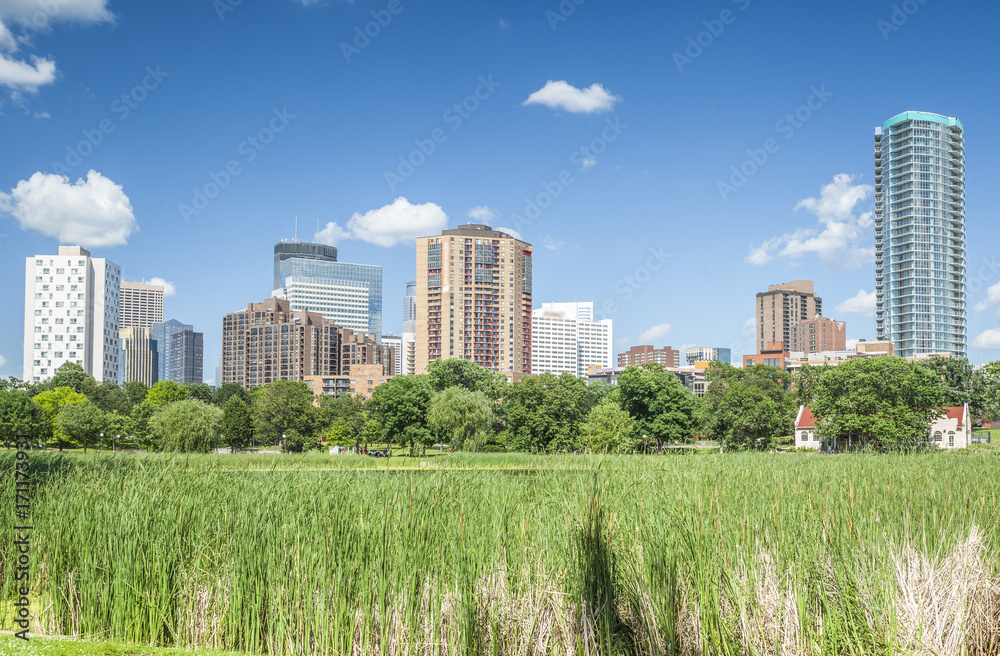 Skyscrapers next to the park in Minneapolis, USA Skyscrapers next to the park in Minneapolis, USA
