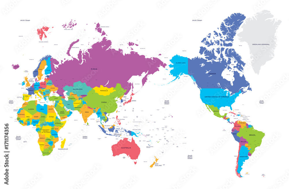 Fototapeta Kolorowa polityczna mapa świat z dużymi miastami, wysokiego szczegółu wektoru ilustracja