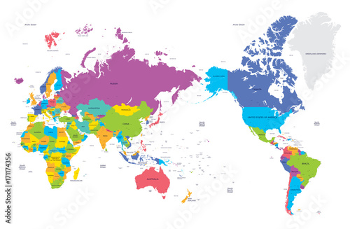 Colorful political map of the world with large cities, high detail vector illustration