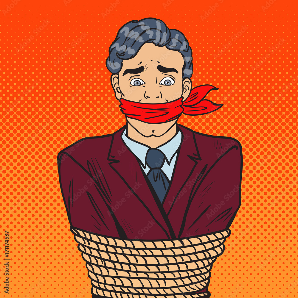Pop Art Stressed Businessman Tied Up with Rope. Business Problems