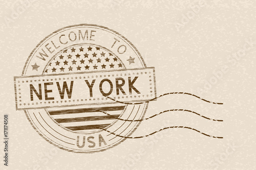Welcome to New York, USA. Tourist brown stamp with US national flag on beige background