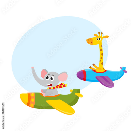 Cute funny animal pilot characters flying on airplane - giraffe and elephant, cartoon vector illustration with space for text. Little baby giraffe and elephant characters flying on airplane