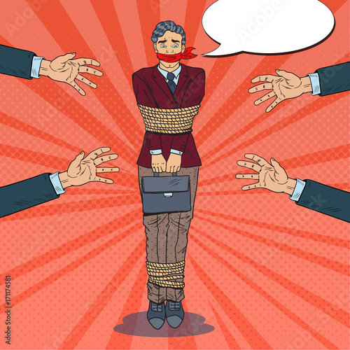 Pop Art Frustrated Businessman Tied Up with Rope. Hands of Business Problems. Vector illustration