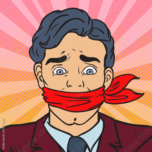 Pop Art Speechless Silenced Businessman. Business Censorship. Vector illustration
