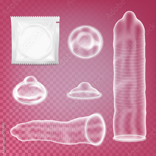 Realistic Condom Vector. Contraceptive method Concept. Unpacked And Packed Condoms. Male Contraceptive For Safety Sex. Isolated On Transparent Background Illustration