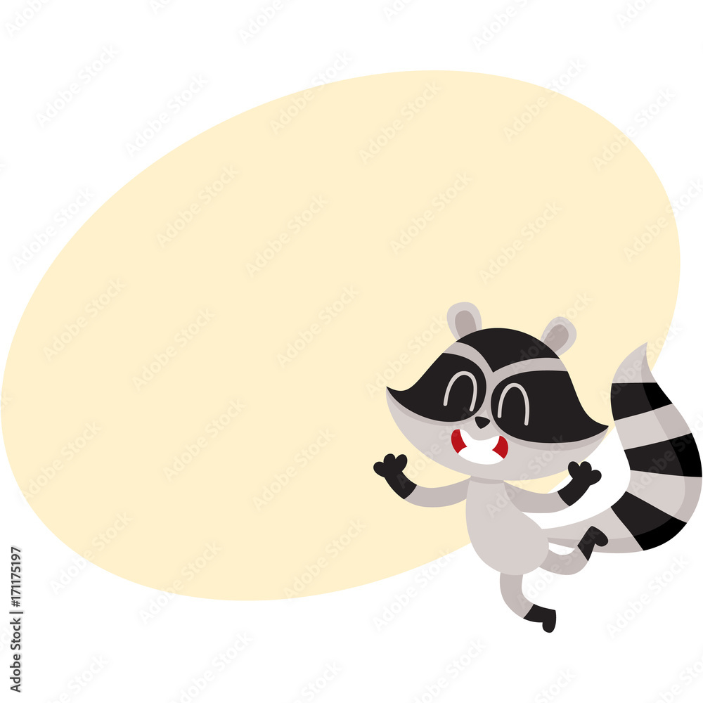 Naklejka premium Cute little raccoon character jumping from happiness and delight, cartoon vector illustration with space for text. Happy and excited little raccoon jumping with pleasure and delight