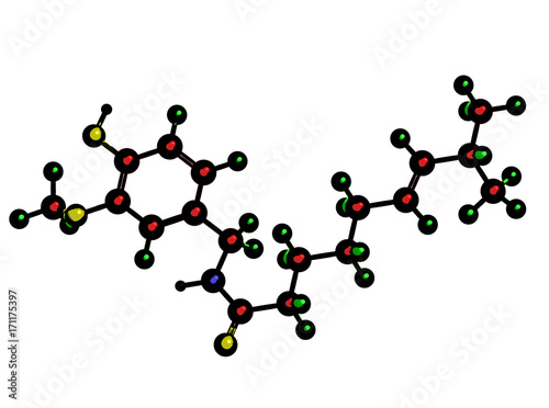 Molecular structure of Capsaicin, 3d rendering