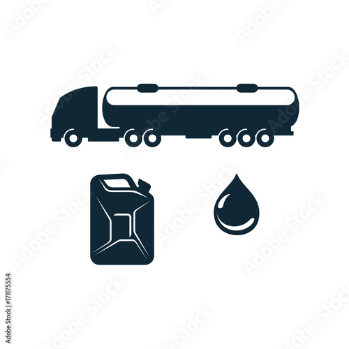 vector gasoline tanker truck vehicle , oil drop, petroleum canister set simple flat icon pictogram isolated on a white background. Gas oil fuel, energy power industry symbol, sign