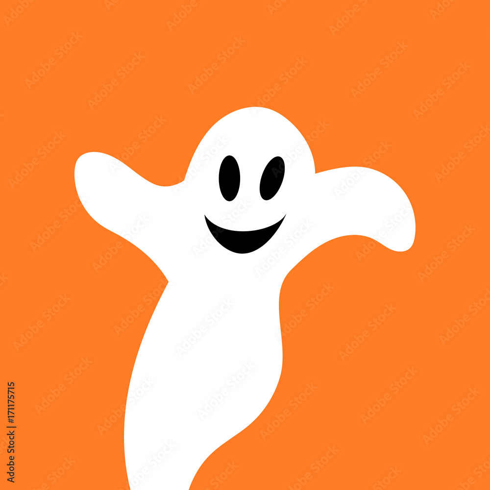 Flying ghost spirit. Happy Halloween. Scary white ghosts. Cute cartoon  spooky character. Smiling face, hands. Orange background Greeting card.  Stock Vector | Adobe Stock
