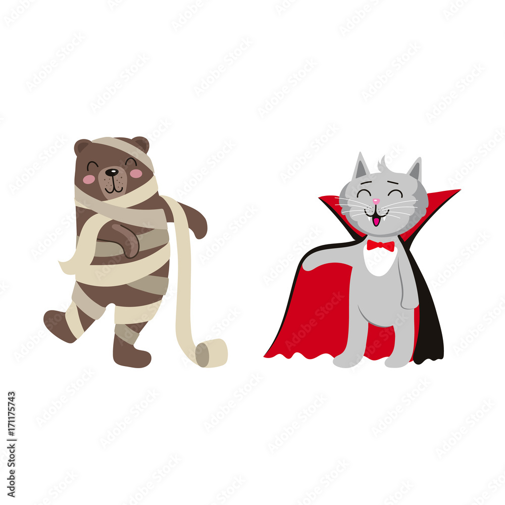 vector flat cartoon funny cat dressed up like vampire count Dracula, mummy  wrapped in toilet paper bear set. Isolated illustration on a white  background. Fancy Halloween outfit for an animal concept Stock