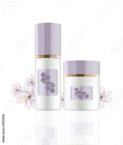Cream and Lotion Cosmetics set Vector realistic mock up. Purple package Hydration cream bottle. Perfect for advertising, flyer, banner, poster. 3d illustration