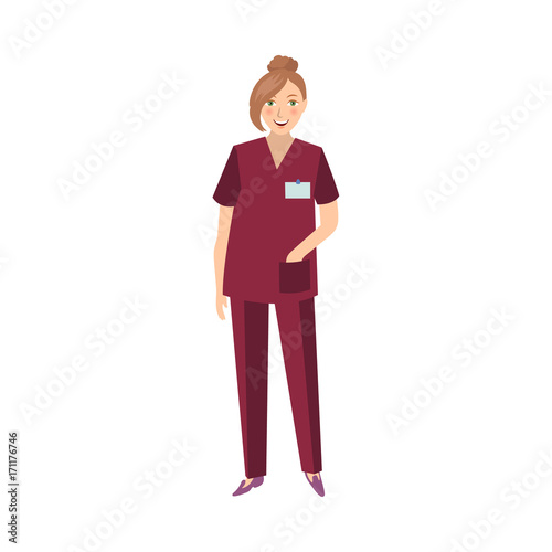 vector flat cartoon brunette cute woman nurce in red medical clothing smiling cheerfully. Adult female character. Isolated illustration on a white background.