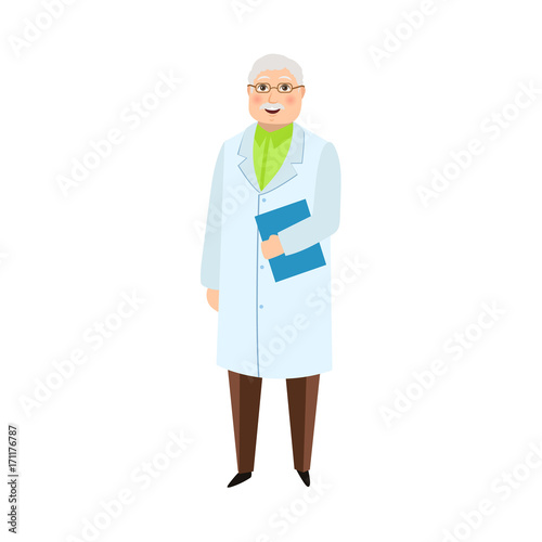 vector flat cartoon adult male grey-haired doctor, head physician in white medical clothing holding clipboard with blank paper smiling. Isolated illustration on a white background.