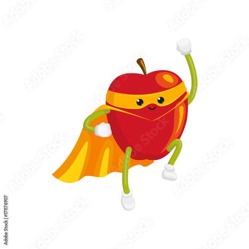 vector flat cartoon apple character in orange cape, mask flying like superman. Isolated illustration on a white background Stylized humanized fruit and vegetable super hero protecting people's health