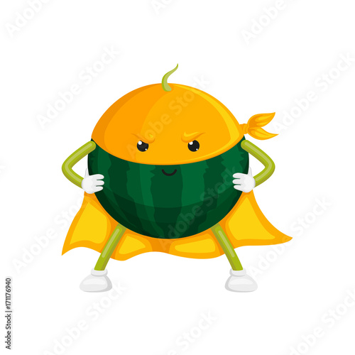 vector cartoon watermelon character in yellow cape, mask standing with hands on belt. Isolated illustration on a white background. Stylized fruit and vegetable super hero protecting people's health