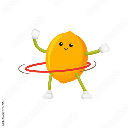 vector flat cartoon funny lemon character sportsman. Cheerful humanized fruit makes exercises with hula hoop smiling. Isolated illustration on a white background. Healthy, sportive lifestyle concept