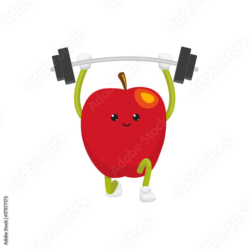 vector flat cartoon funny apple character lifting weight. Cheerful humanized fruit makes exercises with barbell. Isolated illustration on a white background. Healthy, sportive lifestyle concept