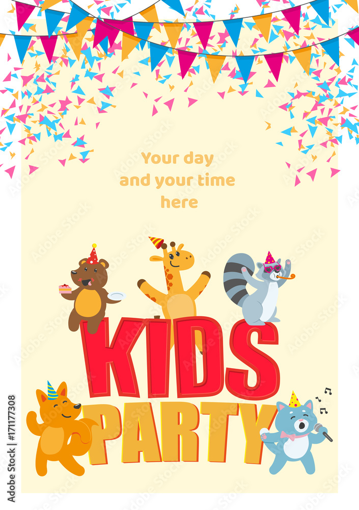 Kid birthday party poster, banner, card with cute animal characters having fun, flat cartoon vector illustration on white background. Birthday party poster with cute animal characters having fun Kid birthday party poster, banner, card with cute animal characters having fun, flat cartoon vector illustration on white background. Birthday party poster with cute animal characters having fun