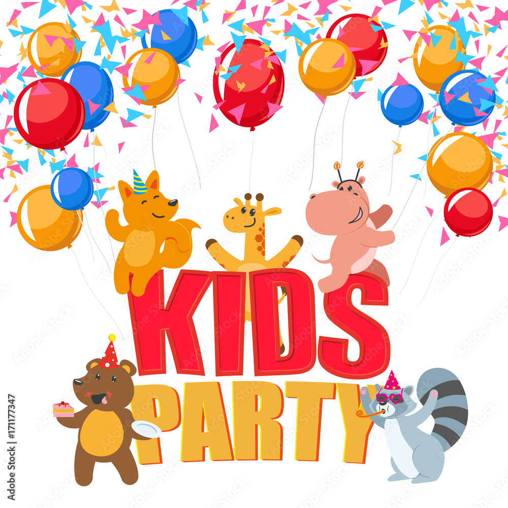 Obraz premium Kid birthday party poster, banner, card with cute animal characters having fun, flat cartoon vector illustration on white background. Birthday party poster with cute animal characters having fun