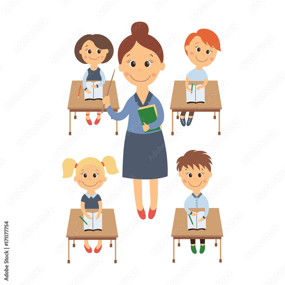 vector flat cartoon cute schoolkid character sitting at desk in elementary school smiling, teacher with pointer set. Isolated illustration on a white background. Child education back to school concept vector flat cartoon cute schoolkid character sitting at desk in elementary school smiling, teacher with pointer set. Isolated illustration on a white background. Child education back to school concept