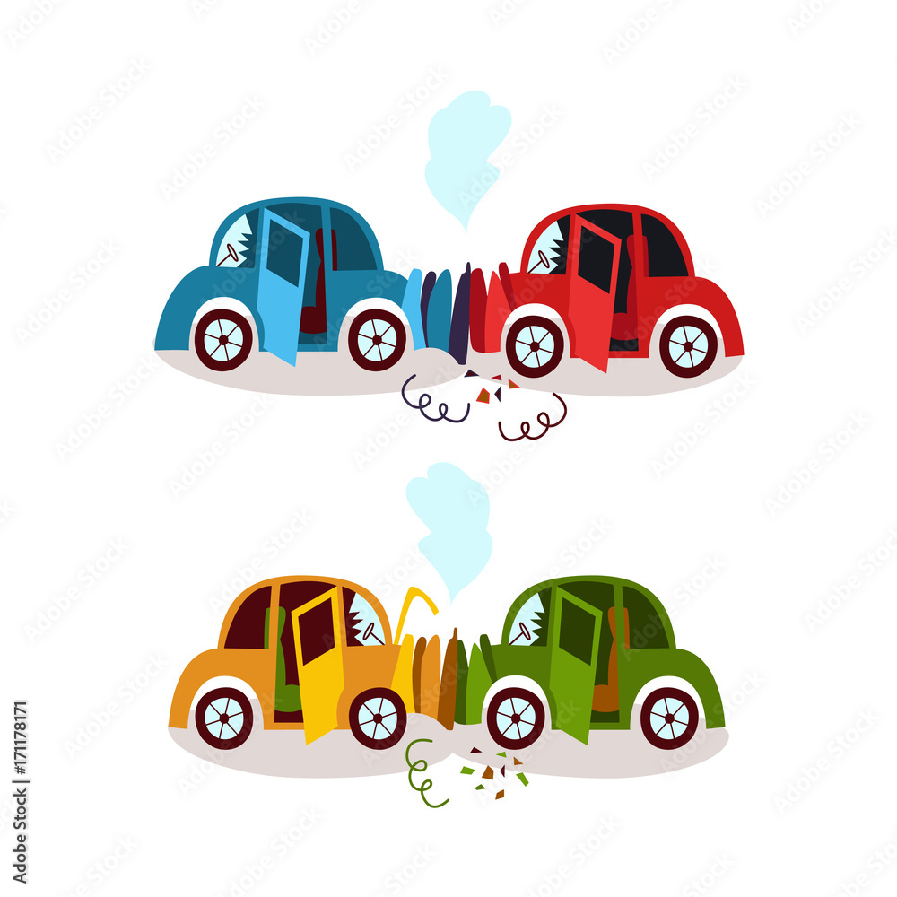 Fototapeta Car accident, head on, rear end collision, fender bender, side view cartoon vector illustration isolated on white background. Set of two cars broken, deformed after head on, rear end collision, crash