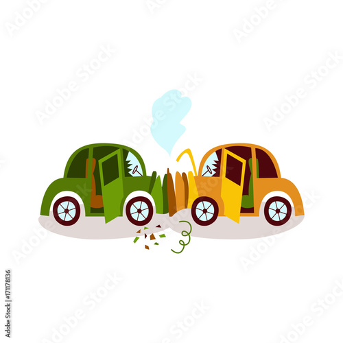 Car accident, head on collision, fender bender, side view cartoon vector illustration isolated on white background. Side view picture of two cars broken, deformed after head on collision, car crash