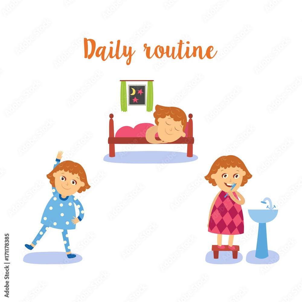 vector flat girl kid doing everyday routine activity set. Child washing hands, brushing teeth, making physical exercises, sleeping in bed . Isolated illustration on a white background.