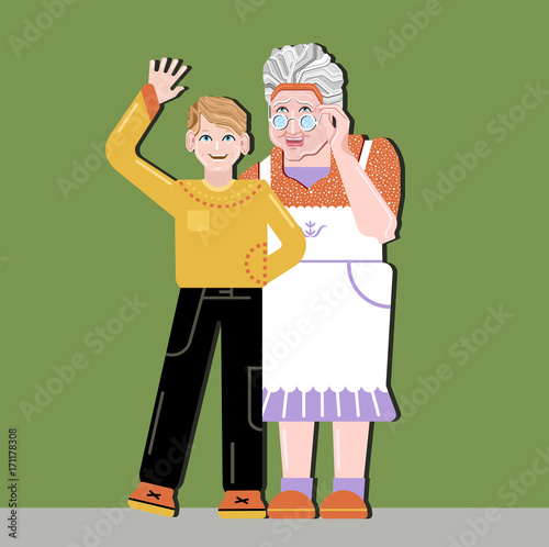Grandparent  and children standing together. Little boy standing on granny shoulders. Grandma embracing grand son. Generations & family love and  happiness . Flat style vector illustration.