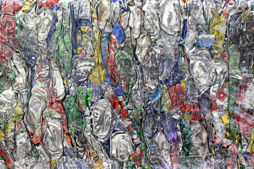 Full frame of crushed aluminum cans photo