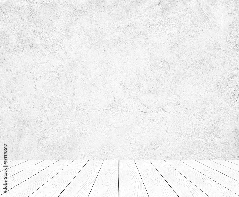 Fototapeta premium Empty white cement wall and wooden floor, room in perspective view, grunge background, interior design, product display montage, vintage style
