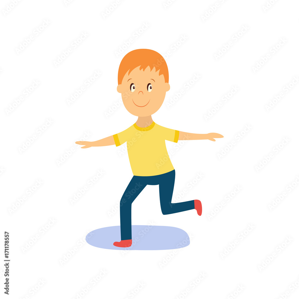 vector flat cartoon boy child dancing alone in yellow t-shirt smiling. Little dancer male character. Isolated illustration on a white background. Kids party concept vector flat cartoon boy child dancing alone in yellow t-shirt smiling. Little dancer male character. Isolated illustration on a white background. Kids party concept