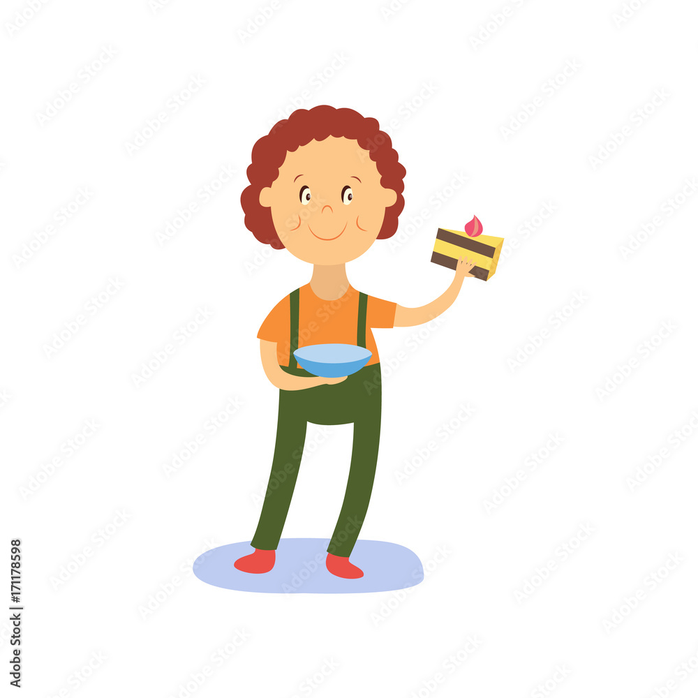vector flat cartoon boy kid holding plate with tasty delicious piece of cake smiling happily. isolated illustration on a white background. Kids patty concept vector flat cartoon boy kid holding plate with tasty delicious piece of cake smiling happily. isolated illustration on a white background. Kids patty concept