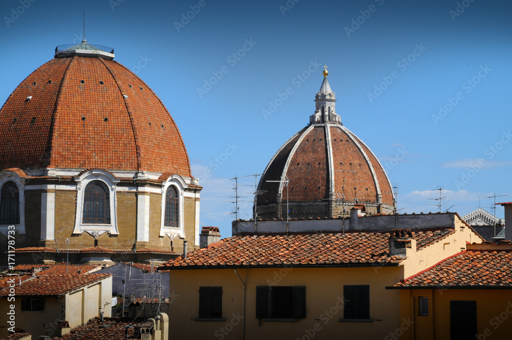 Dome of the Basilica di San Lorenzo in Florence with the Dome of Cathedral Santa Maria del Fiore on background, Italy