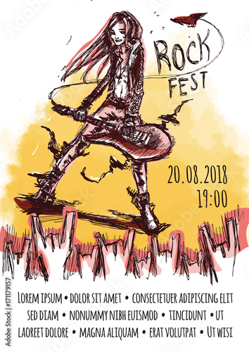 The poster for the rock festival of heavy metal music . A man with long hair playing the guitar. A crowd of fans showing devil horns gesture. Vector illustration.