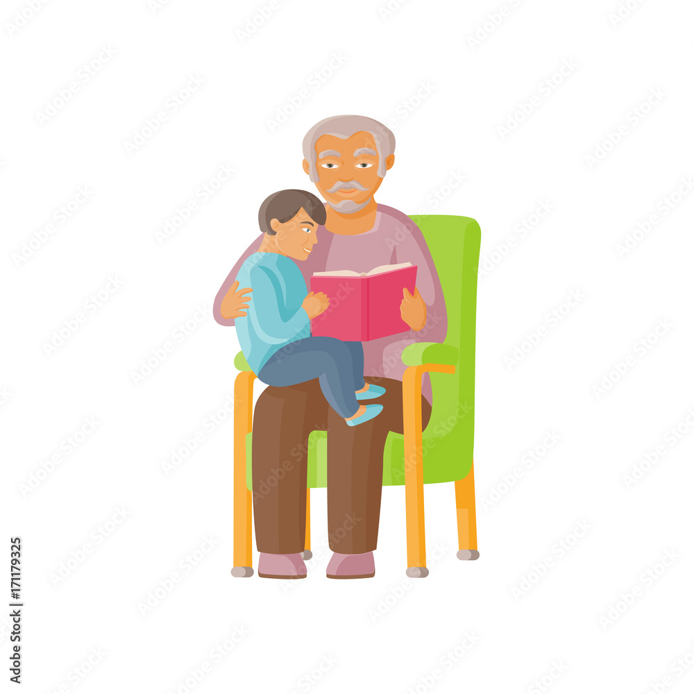 vector flat cartoon grandfather with granddaughter sitting at his knees reading book together. Isolated illustration on a white background. Grandparents and children relationship concept