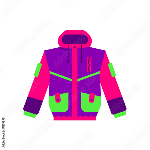 Skiing, hiking, winter sport down jacket, flat style vector illustration isolated on white background. Flat vector skiing, hiking, sport down parker, puffer jacket, colorful illustration